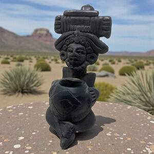 Vintage Black Pottery Barro Negro Oaxaca Mexico Folk Art Candleholder Souvenir